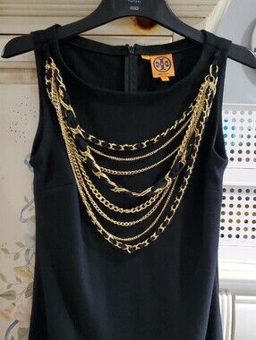 Tory Burch Black Midi Dress with Gold Chain Detail